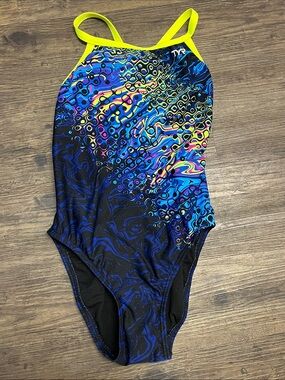 TYR Neon Yellow-Strap One-Piece Swimsuit with Blue & Purple Swirl Print - 32